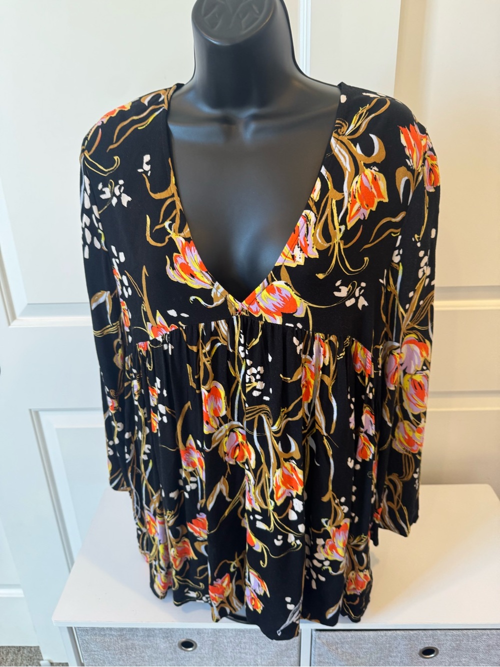 Free People Black Floral V-Neck Tunic Top